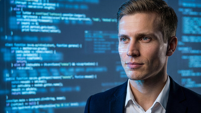 Close-up of businessman with glowing programming code background