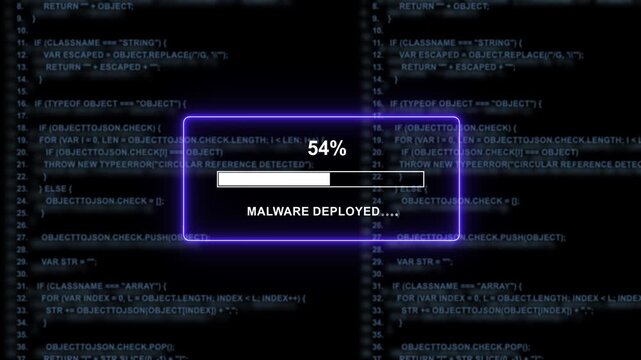 Cybersecurity threat concept featuring a digital progress bar loading malware deployment on a dark background, with scrolling source, code for hacking, data breach, and, network vulnerability