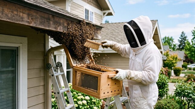 Beekeeper in protective suit removing a swarm of bees from a house roof