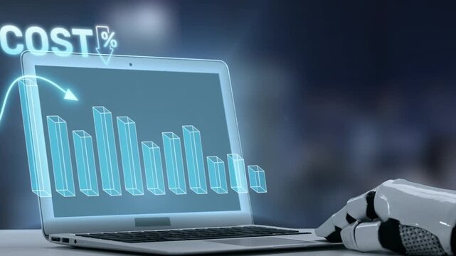 A robotic hand interacts with a laptop showing a cost analysis graph, symbolizing innovation and automation in the business and finance sectors in a modern office. Salient
