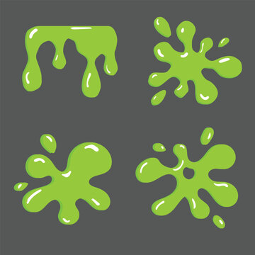 Green slime drips and splashes collection with glossy liquid blobs and playful cartoon texture