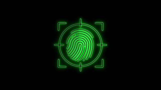 Sci-Fi Fingerprint Scanning Animation with HUD Elements,fingerprint scanner hud icon animation. Neon blue fingerprint scan icon on dark digital background