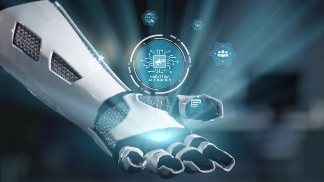 A futuristic robotic arm demonstrates marketing automation icons, symbolizing the integration of technology in business processes and innovative solutions for improved efficiency. Salient