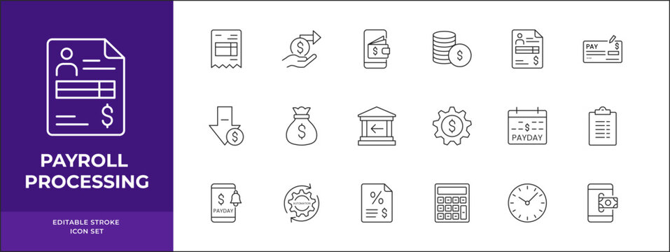 Payroll processing line icon set, salary and payday editable icons
