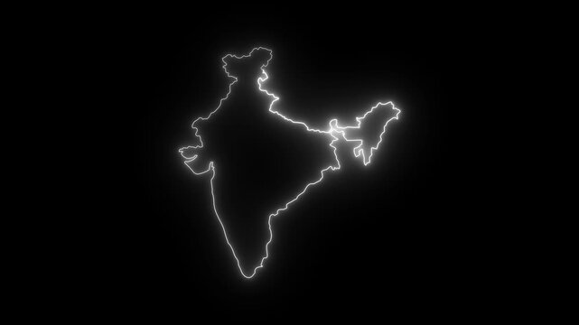 India map animation with black line drawing and smooth transition to solid fill on transparent background. Digital representation of India's map formed by glowing blue interconnected lines