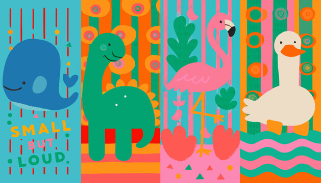 Colorful vector illustrations depict an elephant dinosaur flamingo and duck against patterned backgrounds animal cartoon cheerful childlike cute flat graphic illustration joyful mammal