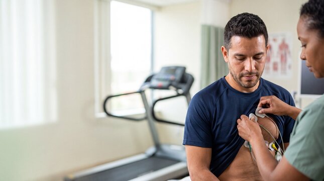 Nurse attaching ECG electrode patches to chest of hispanic patient in hospital clinic. Cardiac medical specialist preparing adult man for cardiovascular treadmill test.