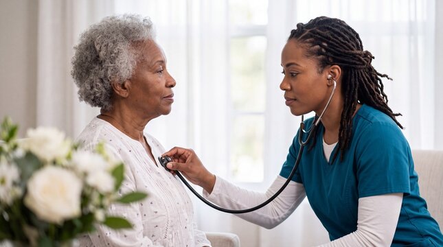Nurse examining senior patient with stethoscope at home. African american caregiver providing medical checkup and healthcare support for elderly woman in assisted living.