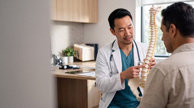 Orthopedist pointing at human spine model during patient consultation in clinic. Male asian physician explaining vertebral diagnosis and backbone care to client.