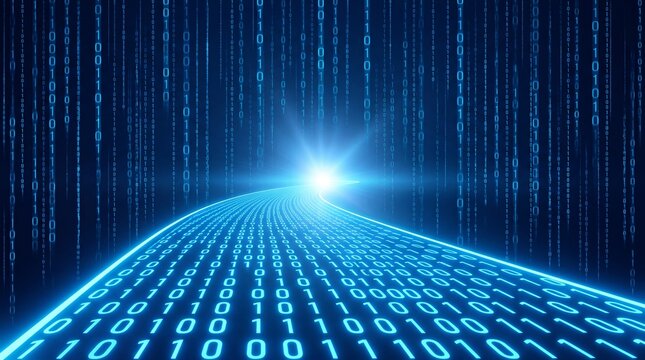 Glowing blue binary code stream flowing towards a bright light on a dark digital background