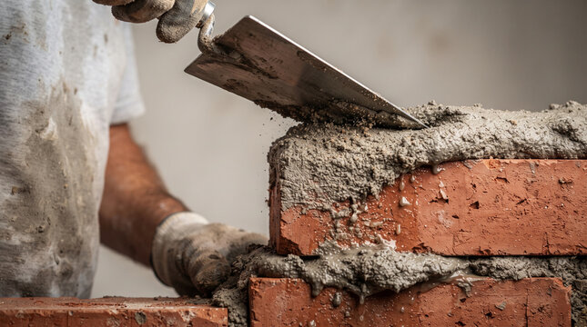 Close up of bricklayer applying fresh mortar onto red clay bricks with trowel