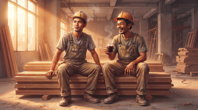 Two happy construction workers resting and drinking coffee on wood planks at site