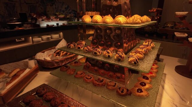 Pastry dessert bakery croissant chocolate sweet food golden flaky croissants drizzled chocolate pastries buffet display warm