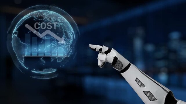 A robotic hand elegantly points to a cost reduction graph over a world map backdrop, symbolizing advanced technology role in modern business strategies. Synapse