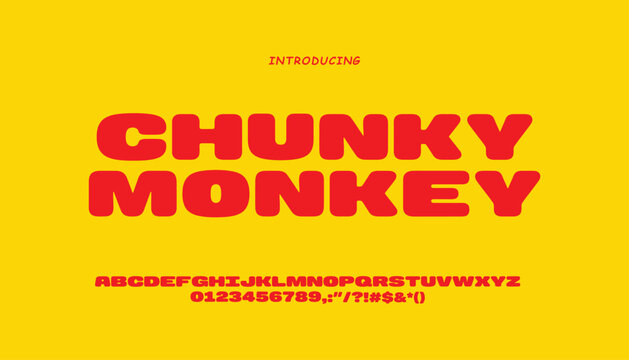 Bold chunky red alphabet typeface on bright yellow background for creative branding projects