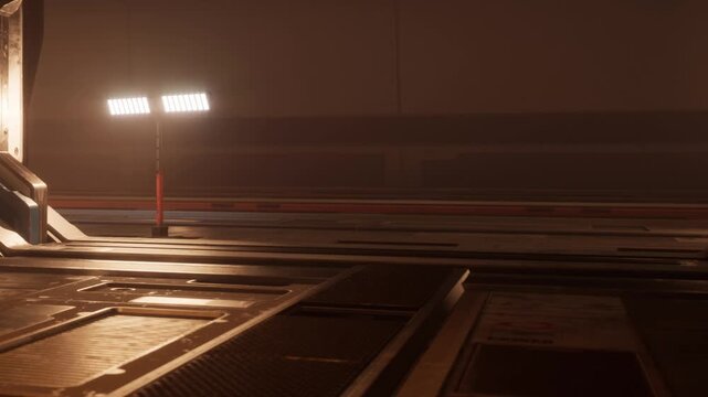 A dimly lit hallway in a futuristic environment is showcased. The faint glow from a light fixture pierces the darkness, illuminating the metallic surfaces.