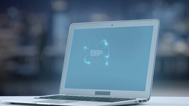 A robot hand interacts with a laptop showcasing ERP system concepts, reflecting the integration of technology in modern business operations and digital management systems. Salient