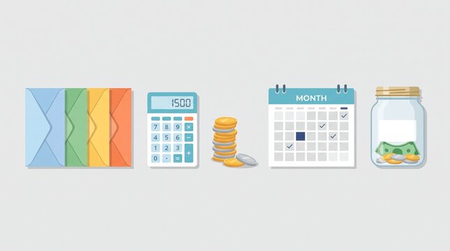 Household budget planning with calculator savings and calendar