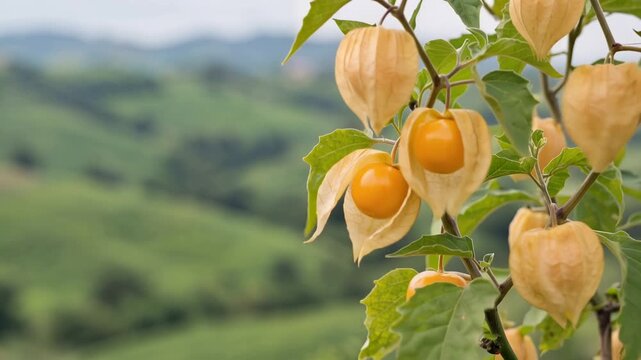 Cape gooseberry or goldenberry fruits, Physalis peruviana, growing on Physalis plant with delicate husks and leaves, 4K video