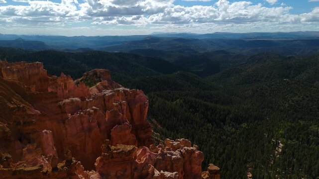 Aerial View of Red Rock Canyon Cliffs and Pine Forest in Utah