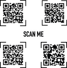 Fototapeta premium Set of four qr code frames with scan me text in the center, vector illustration design elements for digital marketing