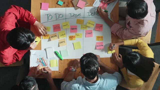 Time lapse of people writing and making scrum task board while writing marketing and planning strategy at colorful sticky notes. Smart team manage work performance by using kanaban board. Convocation.