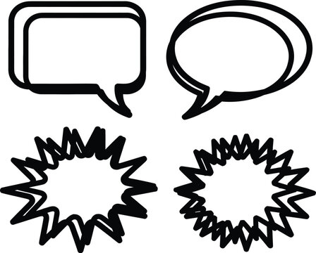 Speech bubbles and chat outline icons set, dialogue symbols, messaging communication, online conversation, customer support, social networking, comments, and digital interface vector graphics.