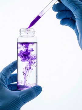 Chemical experiment with purple liquid dropping into clear vial in laboratory setting, scientific research and development.