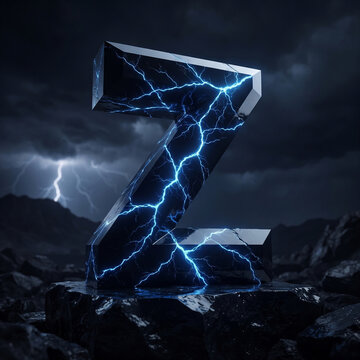 Lethal 3D Letter Z infused with electric blue lightning bolts, dark stormy atmosphere, metallic material, dramatic typography background