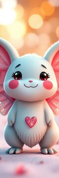 Adorable heart-shaped creature with sparkly wings and bright smile, joyful, love