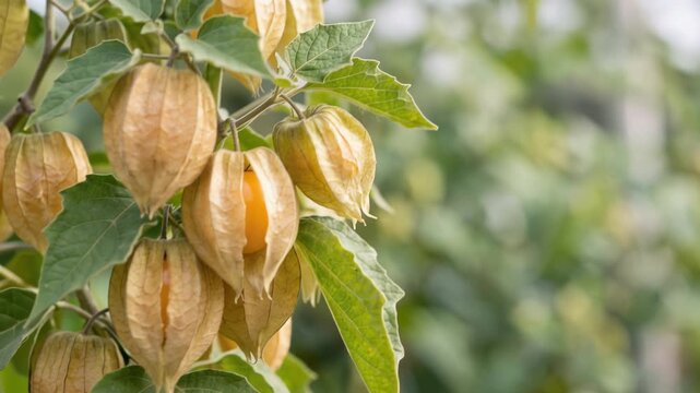 Cape gooseberry or goldenberry fruits, Physalis peruviana, growing on Physalis plant with delicate husks and leaves, 4K video