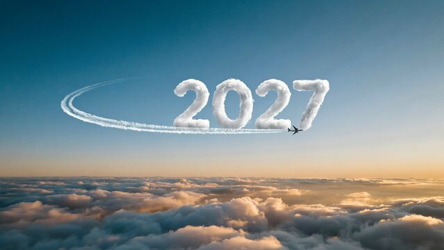 Cloud written twenty twenty seven flight path across clear blue sky over horizon represents travel adventure future aspiration for new beginning holiday concept.