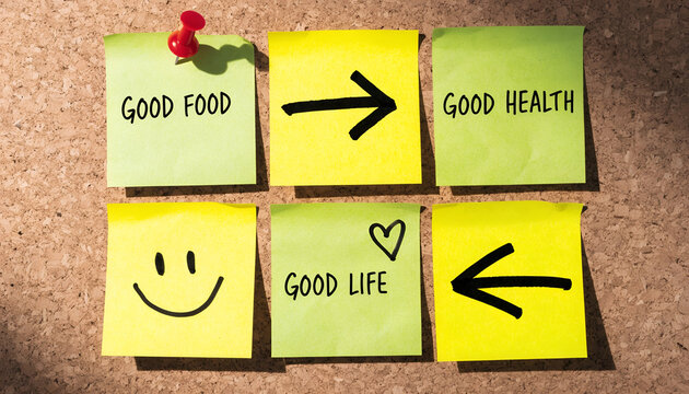 Good Food, Good Health, Good Life Concept with Colorful Sticky Notes on Corkboard