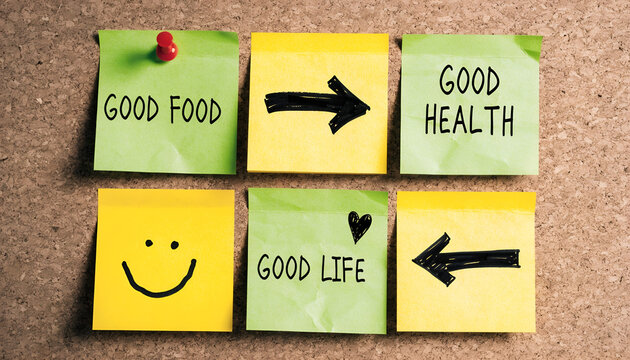 Good Food, Good Health, Good Life Concept with Colorful Sticky Notes on Corkboard