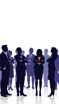 Silhouetted business professionals gathered in a flat, two-dimensional composition, with clean lines and no shading, modern, professional