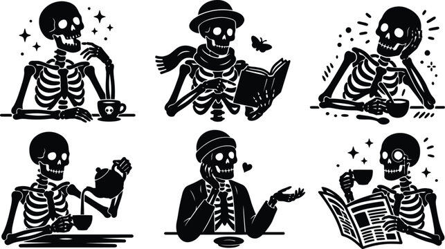 Whimsical Skeleton Vector Illustration Set: Silhouette Graphics of Skeletons Drinking Coffee, Reading Books, and Enjoying Daily Life Activities in Minimalist Gothic Monochrome Style