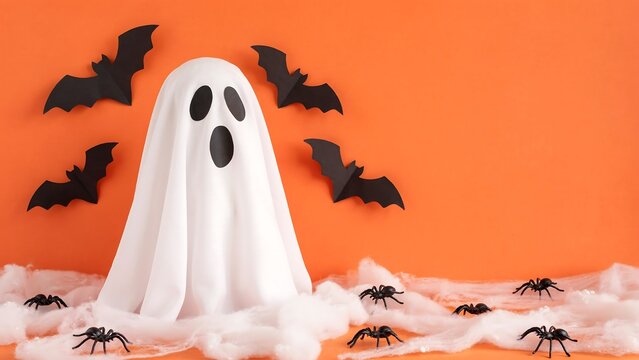 Cute white ghost figure made of fabric standing on orange background with black paper bats and plastic spiders in cotton cobwebs for spooky halloween decor.