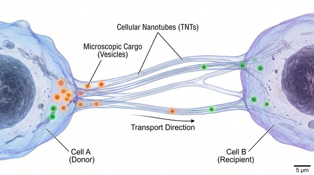 Cellular nanotubes transporting microscopic cargo between donor and recipient cells
