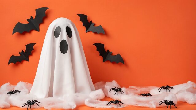 Halloween ghost with paper bats and spiderwebs on orange background with cotton for creepy holiday decoration design.