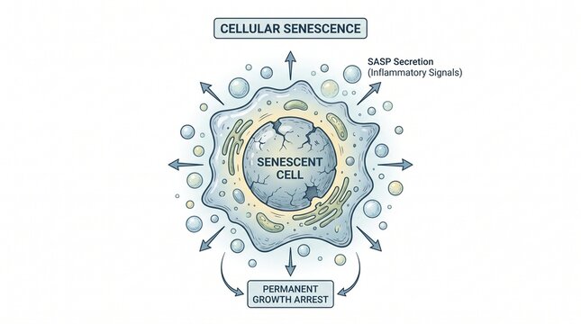 Senescent cell illustrating permanent growth arrest with sasp secretion