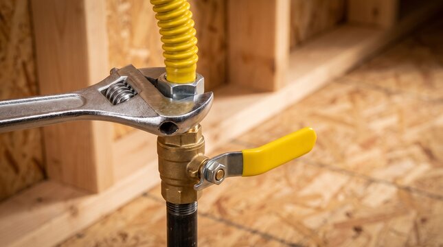 Adjustable wrench tightening a brass gas valve fitting on a yellow pipe line