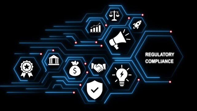 Regulatory compliance digital concept featuring glowing hexagonal network nodes with business financial growth charts, legal scales, and corporate strategy symbols on a dark futuristic background