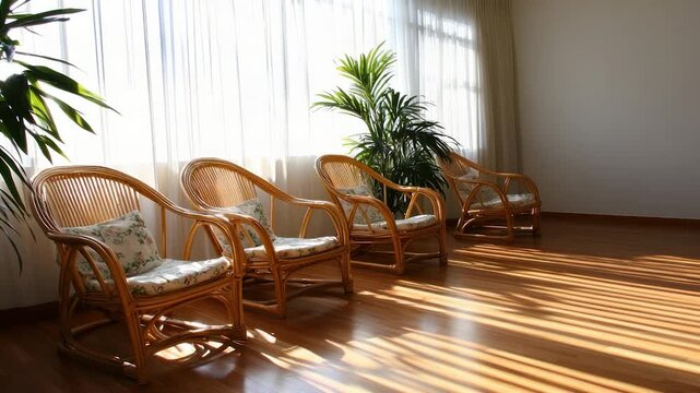 Sunlit living room with wicker chairs and indoor plants.
