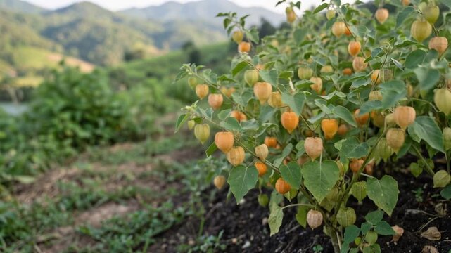 Cape gooseberry or goldenberry fruits, Physalis peruviana, growing on Physalis plant with delicate husks and leaves, 4K video