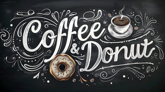 Modern coffee shop presentation design mockup with textured chalk font lettering and sweet confectionery graphic decoration.