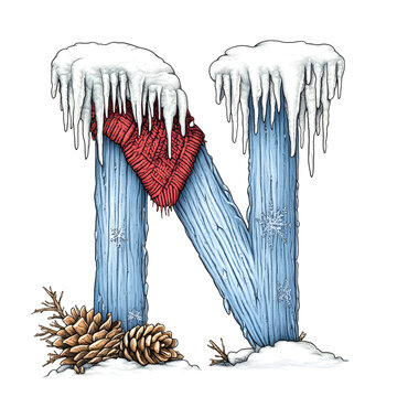 Letter N winter alphabet design with snow and pine cones