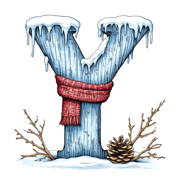 Letter Y with snow and red scarf for winter holiday design