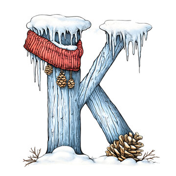 Letter K winter alphabet design with snow and red scarf