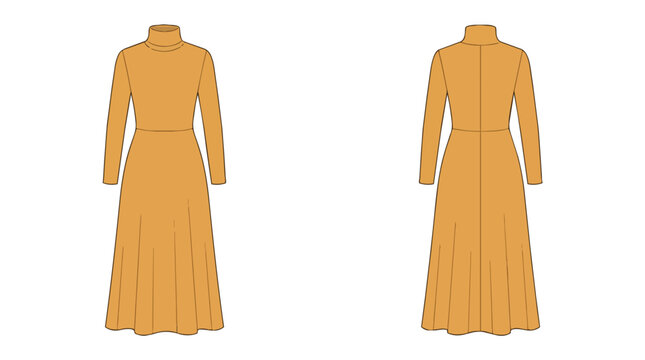 Mustard Yellow High Neck Long Sleeve Maxi Dress Technical Flat Sketch Fashion Template for Front and Back Views