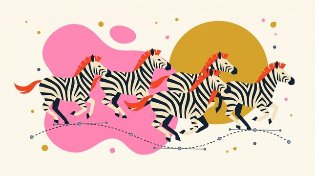 Flat vector illustration of running zebra herd with red orange manes, black and white stripes, modern abstract wildlife artwork, isolated on cream background